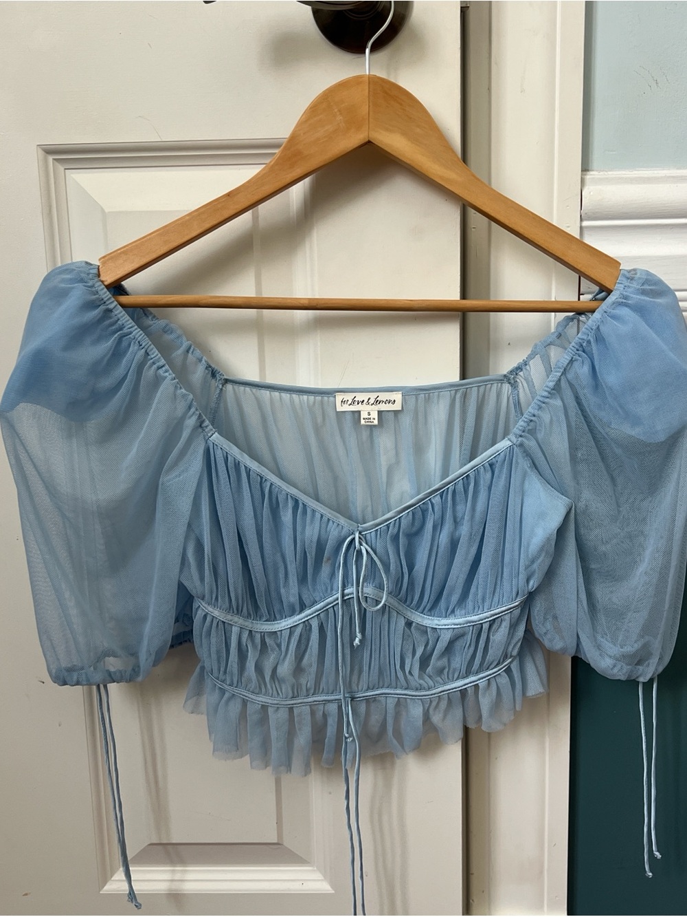 For Love And Lemons Pale Blue Sheer Puff-Sleeve Cropped Blouse